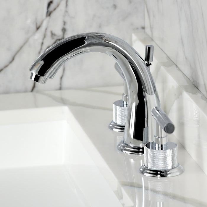 Kingston Tulare KS2961KNL - Convergent Two-Handle 3-Hole Deck Mount Widespread Bathroom Faucet with Knurled Handle and Brass Pop-Up, Polished Chrome