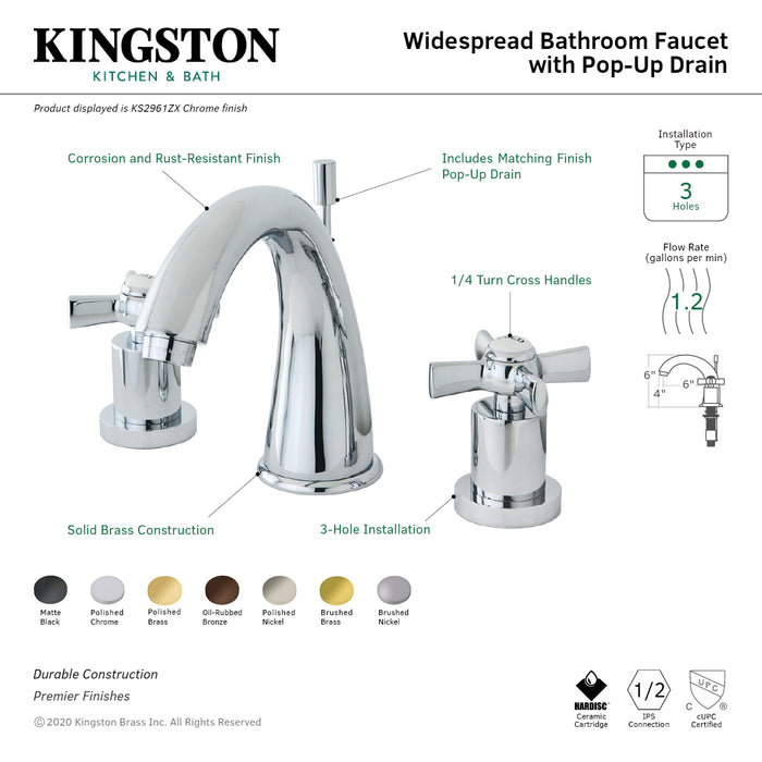 Kingston Tulare KS2961ZX - Millennium Two-Handle 3-Hole Deck Mount Widespread Bathroom Faucet with Brass Pop-Up, Polished Chrome