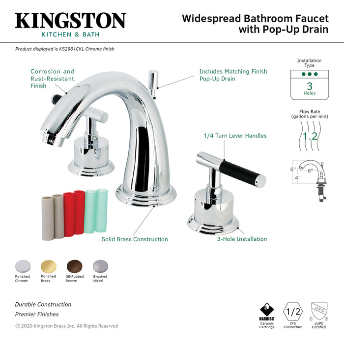 Kingston Tulare KS2962CKL - Kaiser Two-Handle 3-Hole Deck Mount Widespread Bathroom Faucet with Brass Pop-Up, Polished Brass