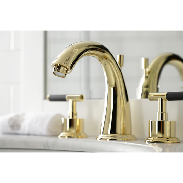 Kingston Tulare KS2962CKL - Kaiser Two-Handle 3-Hole Deck Mount Widespread Bathroom Faucet with Brass Pop-Up, Polished Brass