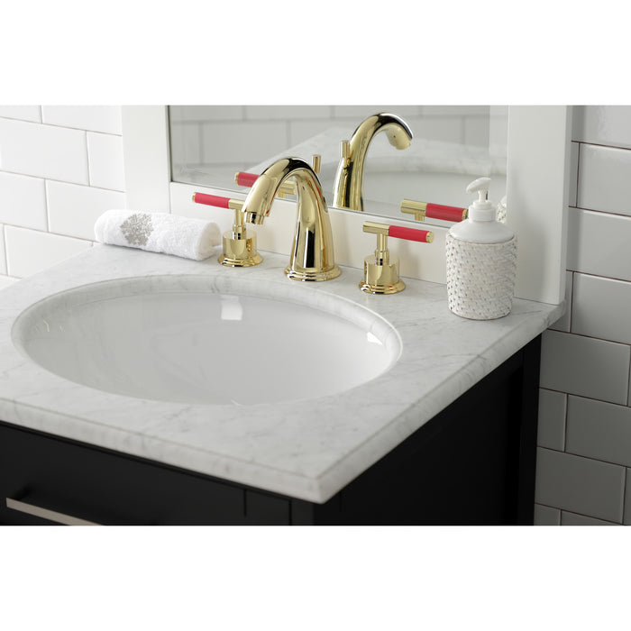 Kingston Tulare KS2962CKL - Kaiser Two-Handle 3-Hole Deck Mount Widespread Bathroom Faucet with Brass Pop-Up, Polished Brass