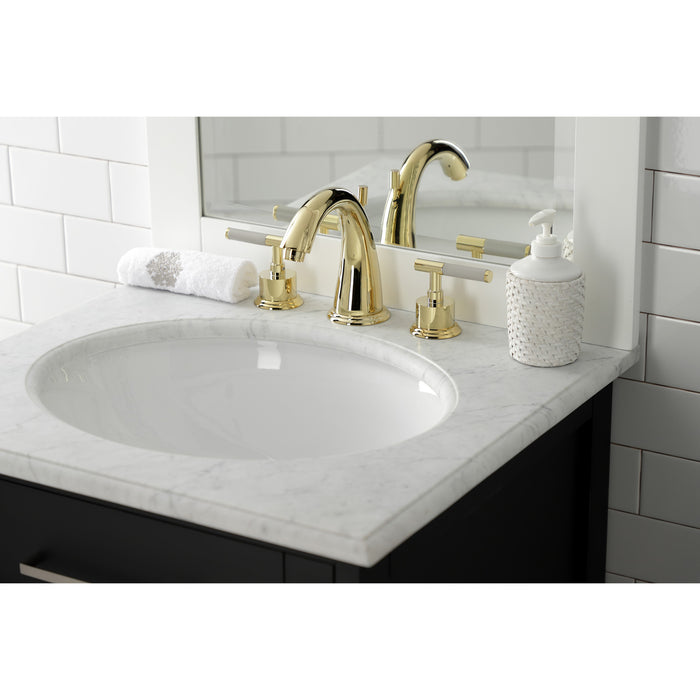 Kingston Tulare KS2962CKL - Kaiser Two-Handle 3-Hole Deck Mount Widespread Bathroom Faucet with Brass Pop-Up, Polished Brass