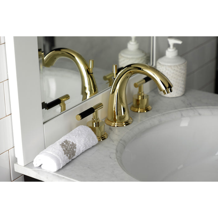 Kingston Tulare KS2962CKL - Kaiser Two-Handle 3-Hole Deck Mount Widespread Bathroom Faucet with Brass Pop-Up, Polished Brass