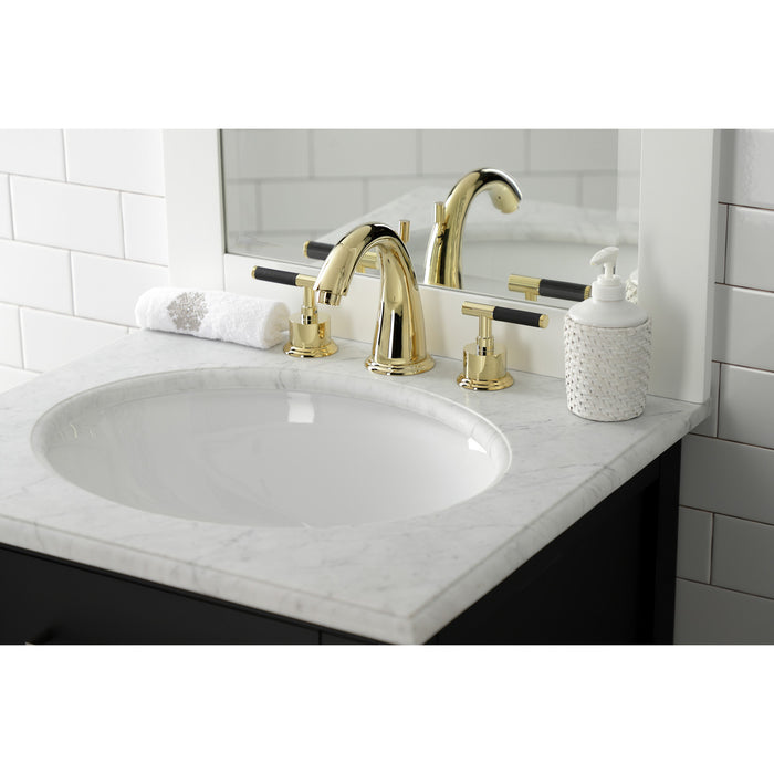 Kingston Tulare KS2962CKL - Kaiser Two-Handle 3-Hole Deck Mount Widespread Bathroom Faucet with Brass Pop-Up, Polished Brass