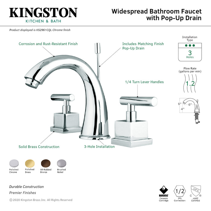 Kingston Tulare KS2962CQL - Claremont Two-Handle 3-Hole Deck Mount Widespread Bathroom Faucet with Brass Pop-Up, Polished Brass
