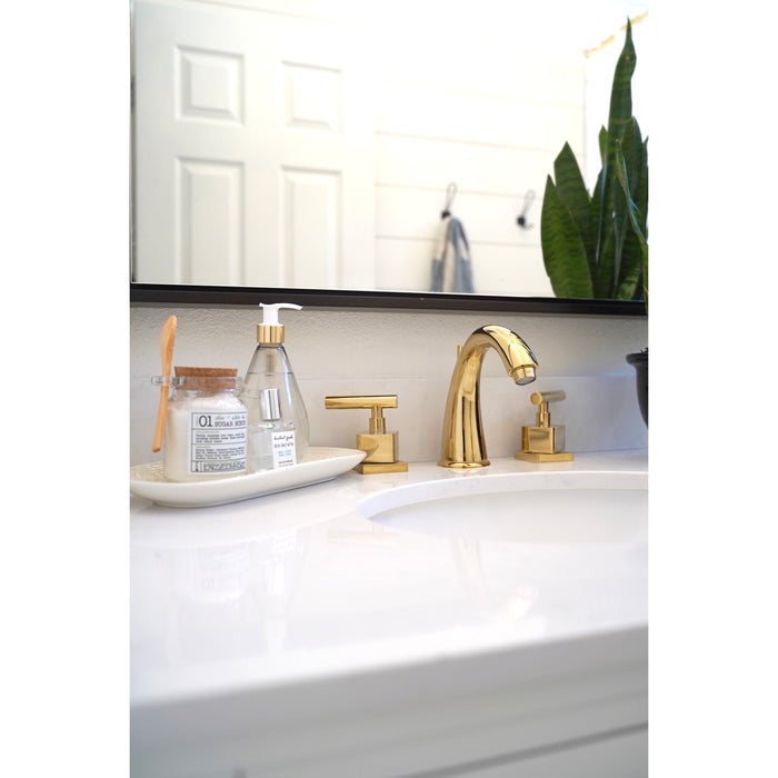 Kingston Tulare KS2962CQL - Claremont Two-Handle 3-Hole Deck Mount Widespread Bathroom Faucet with Brass Pop-Up, Polished Brass