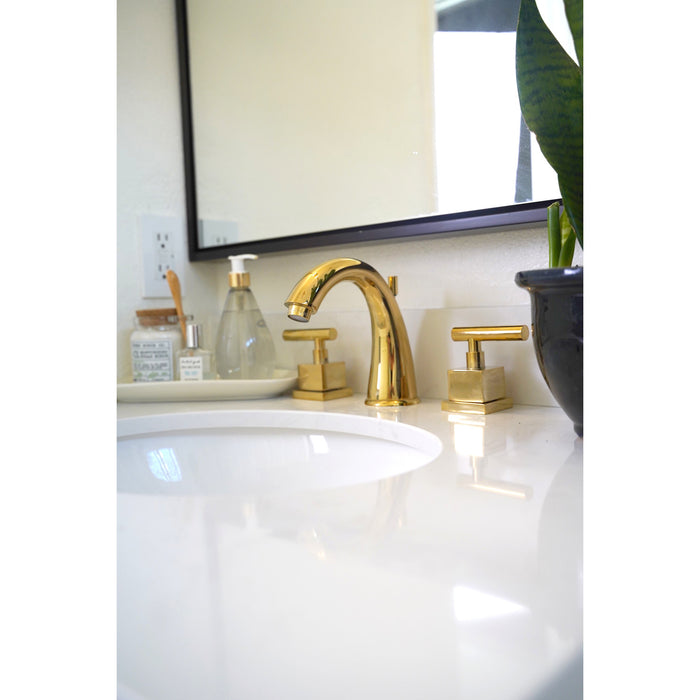 Kingston Tulare KS2962CQL - Claremont Two-Handle 3-Hole Deck Mount Widespread Bathroom Faucet with Brass Pop-Up, Polished Brass