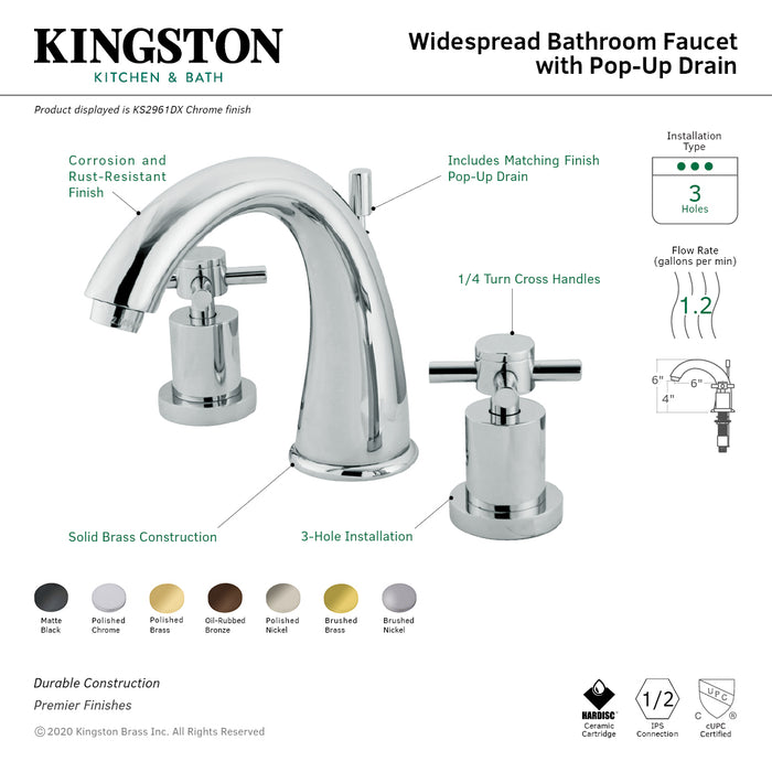 Kingston Tulare KS2962DX - Concord Two-Handle 3-Hole Deck Mount Widespread Bathroom Faucet with Brass Pop-Up, Polished Brass