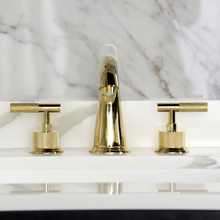 Kingston Tulare KS2962KNL - Convergent Two-Handle 3-Hole Deck Mount Widespread Bathroom Faucet with Knurled Handle and Brass Pop-Up, Polished Brass