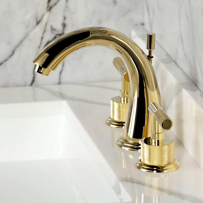 Kingston Tulare KS2962KNL - Convergent Two-Handle 3-Hole Deck Mount Widespread Bathroom Faucet with Knurled Handle and Brass Pop-Up, Polished Brass