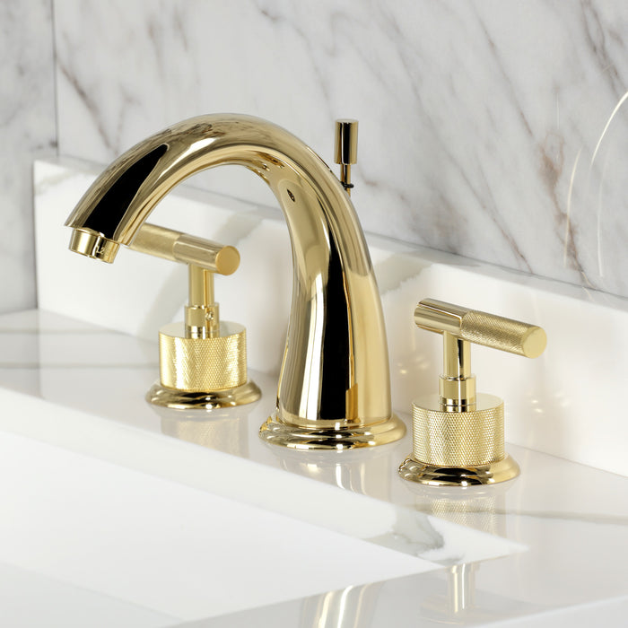 Kingston Tulare KS2962KNL - Convergent Two-Handle 3-Hole Deck Mount Widespread Bathroom Faucet with Knurled Handle and Brass Pop-Up, Polished Brass