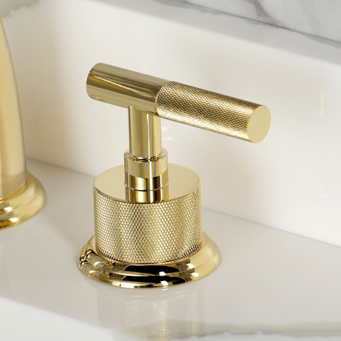 Kingston Tulare KS2962KNL - Convergent Two-Handle 3-Hole Deck Mount Widespread Bathroom Faucet with Knurled Handle and Brass Pop-Up, Polished Brass