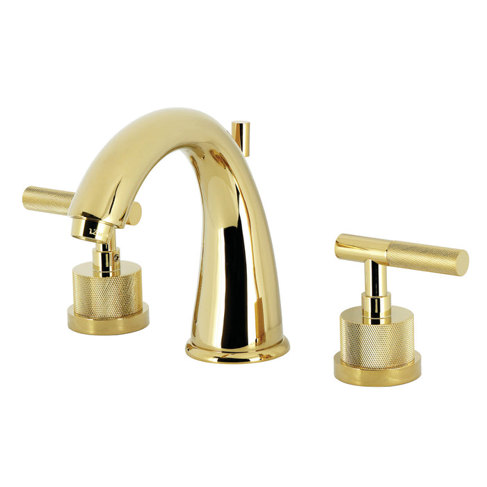 Kingston Tulare KS2962KNL - Convergent Two-Handle 3-Hole Deck Mount Widespread Bathroom Faucet with Knurled Handle and Brass Pop-Up, Polished Brass