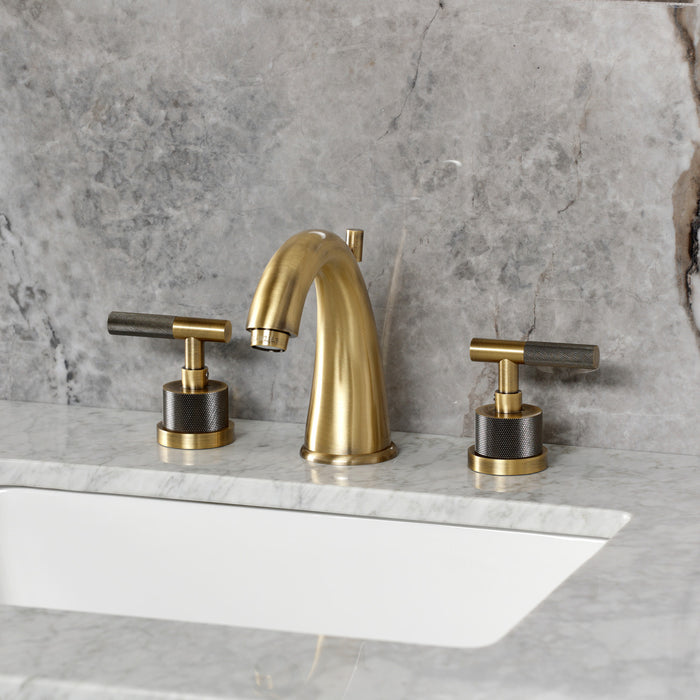 Kingston Tulare KS2963KNL - Convergent Two-Handle 3-Hole Deck Mount Widespread Bathroom Faucet with Knurled Handle and Brass Pop-Up, Antique Brass