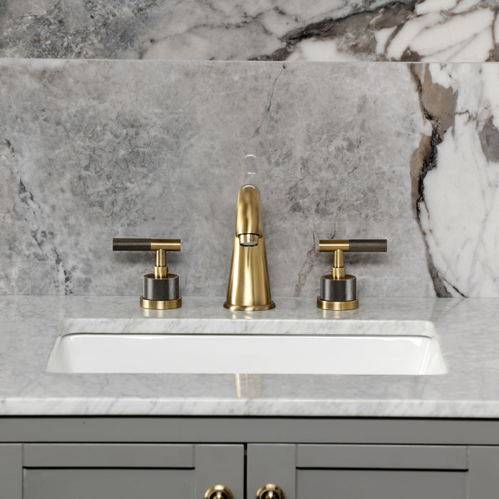 Kingston Tulare KS2963KNL - Convergent Two-Handle 3-Hole Deck Mount Widespread Bathroom Faucet with Knurled Handle and Brass Pop-Up, Antique Brass