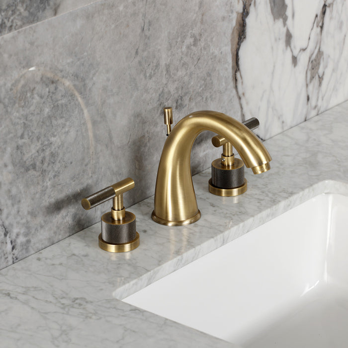 Kingston Tulare KS2963KNL - Convergent Two-Handle 3-Hole Deck Mount Widespread Bathroom Faucet with Knurled Handle and Brass Pop-Up, Antique Brass