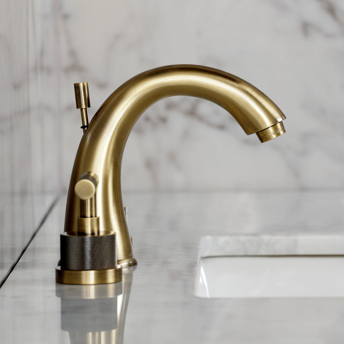 Kingston Tulare KS2963KNL - Convergent Two-Handle 3-Hole Deck Mount Widespread Bathroom Faucet with Knurled Handle and Brass Pop-Up, Antique Brass