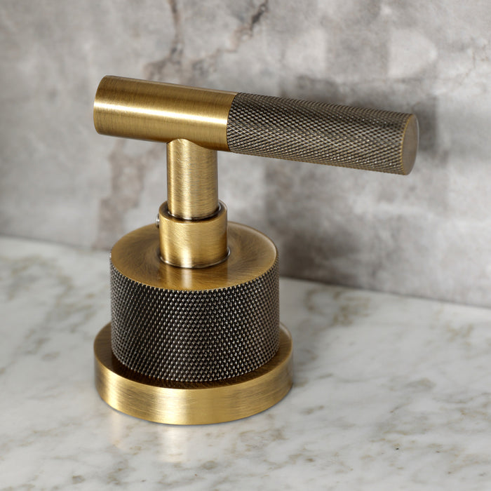 Kingston Tulare KS2963KNL - Convergent Two-Handle 3-Hole Deck Mount Widespread Bathroom Faucet with Knurled Handle and Brass Pop-Up, Antique Brass