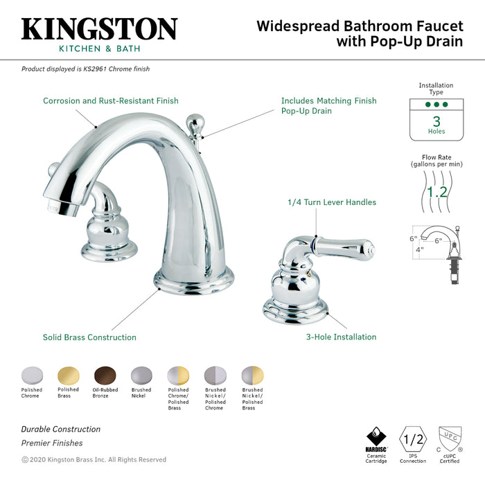 Kingston Tulare KS2964 - Naples Two-Handle 3-Hole Deck Mount Widespread Bathroom Faucet with Brass Pop-Up, Polished Chrome/Polished Brass