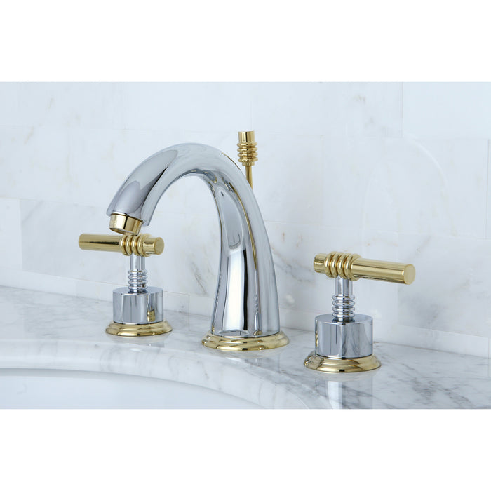 Milano KS2964ML Two-Handle 3-Hole Deck Mount Widespread Bathroom Faucet with Brass Pop-Up, Polished Chrome/Polished Brass