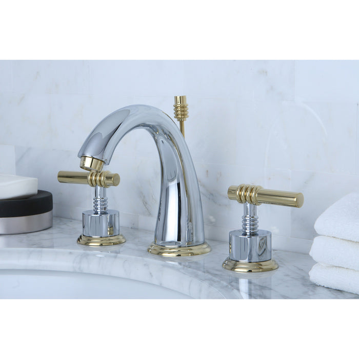 Milano KS2964ML Two-Handle 3-Hole Deck Mount Widespread Bathroom Faucet with Brass Pop-Up, Polished Chrome/Polished Brass