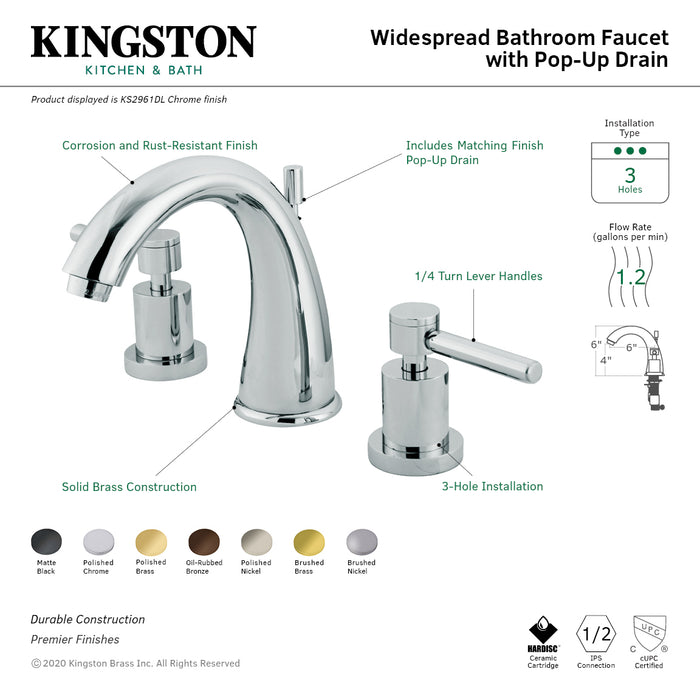 Kingston Tulare KS2966DL - Concord Two-Handle 3-Hole Deck Mount Widespread Bathroom Faucet with Brass Pop-Up, Polished Nickel
