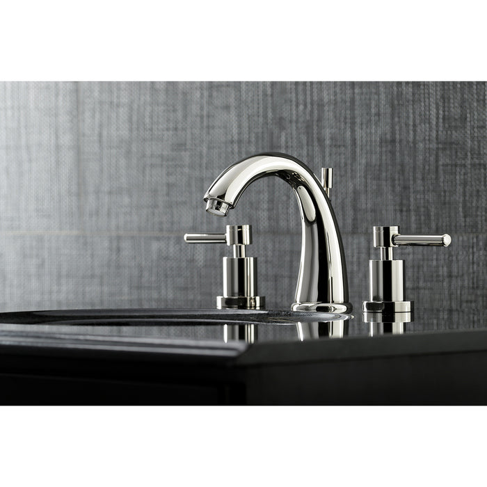 Kingston Tulare KS2966DL - Concord Two-Handle 3-Hole Deck Mount Widespread Bathroom Faucet with Brass Pop-Up, Polished Nickel