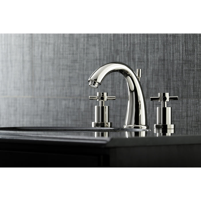 Kingston Tulare KS2966DX - Concord Two-Handle 3-Hole Deck Mount Widespread Bathroom Faucet with Brass Pop-Up, Polished Nickel