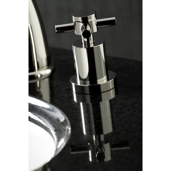 Kingston Tulare KS2966DX - Concord Two-Handle 3-Hole Deck Mount Widespread Bathroom Faucet with Brass Pop-Up, Polished Nickel