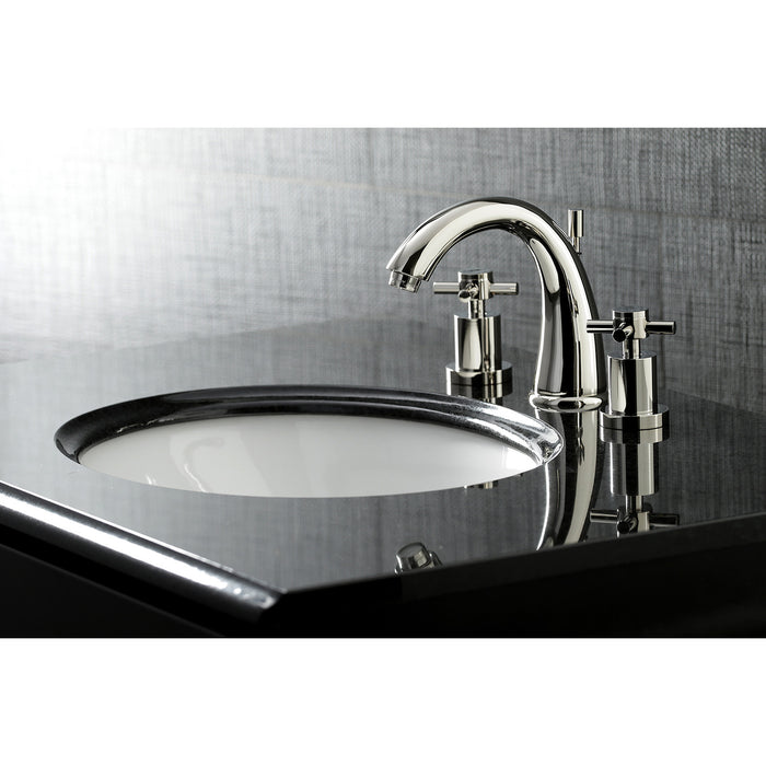 Kingston Tulare KS2966DX - Concord Two-Handle 3-Hole Deck Mount Widespread Bathroom Faucet with Brass Pop-Up, Polished Nickel