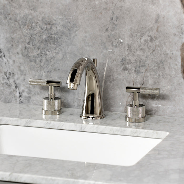 Kingston Tulare KS2966KNL - Convergent Two-Handle 3-Hole Deck Mount Widespread Bathroom Faucet with Knurled Handle and Brass Pop-Up, Polished Nickel