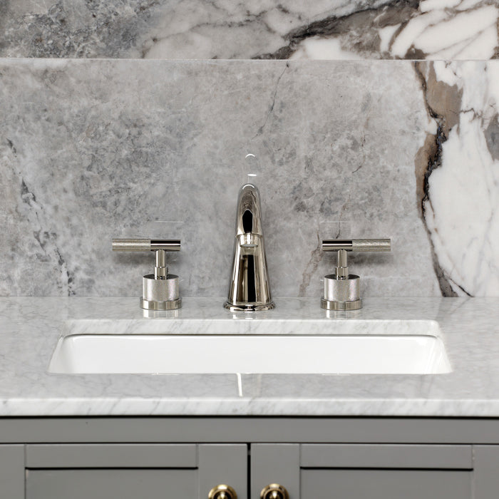 Kingston Tulare KS2966KNL - Convergent Two-Handle 3-Hole Deck Mount Widespread Bathroom Faucet with Knurled Handle and Brass Pop-Up, Polished Nickel