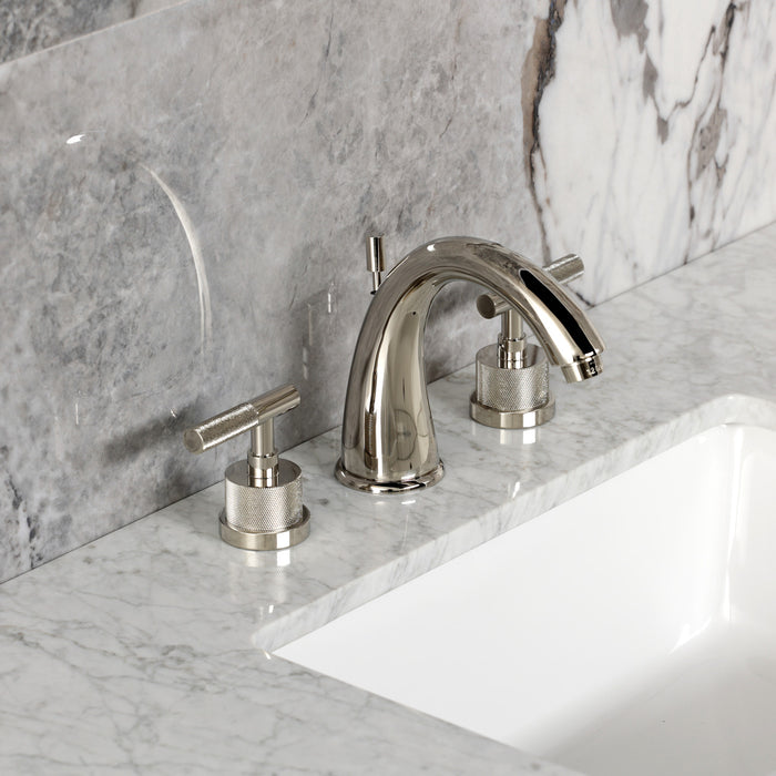 Kingston Tulare KS2966KNL - Convergent Two-Handle 3-Hole Deck Mount Widespread Bathroom Faucet with Knurled Handle and Brass Pop-Up, Polished Nickel