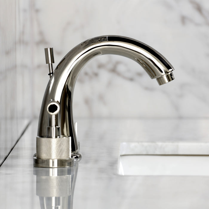 Kingston Tulare KS2966KNL - Convergent Two-Handle 3-Hole Deck Mount Widespread Bathroom Faucet with Knurled Handle and Brass Pop-Up, Polished Nickel
