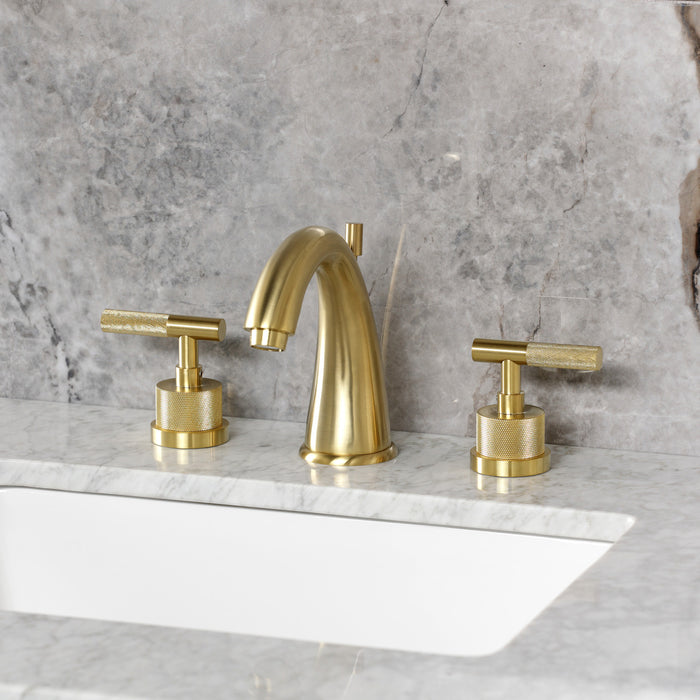 Kingston Tulare KS2967KNL - Convergent Two-Handle 3-Hole Deck Mount Widespread Bathroom Faucet with Knurled Handle and Brass Pop-Up, Brushed Brass
