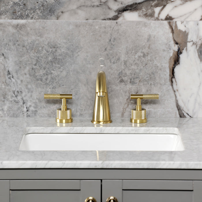 Kingston Tulare KS2967KNL - Convergent Two-Handle 3-Hole Deck Mount Widespread Bathroom Faucet with Knurled Handle and Brass Pop-Up, Brushed Brass