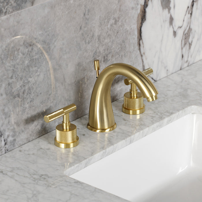 Kingston Tulare KS2967KNL - Convergent Two-Handle 3-Hole Deck Mount Widespread Bathroom Faucet with Knurled Handle and Brass Pop-Up, Brushed Brass