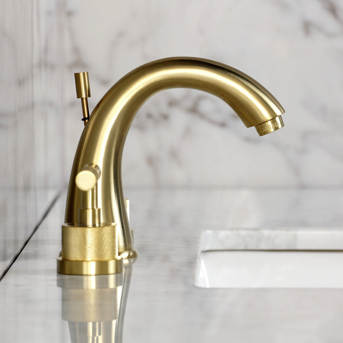 Kingston Tulare KS2967KNL - Convergent Two-Handle 3-Hole Deck Mount Widespread Bathroom Faucet with Knurled Handle and Brass Pop-Up, Brushed Brass