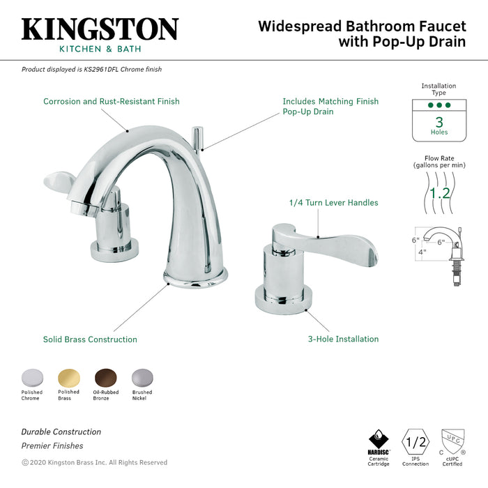 Kingston Tulare KS2968DFL - NuWave Two-Handle 3-Hole Deck Mount Widespread Bathroom Faucet with Brass Pop-Up, Brushed Nickel