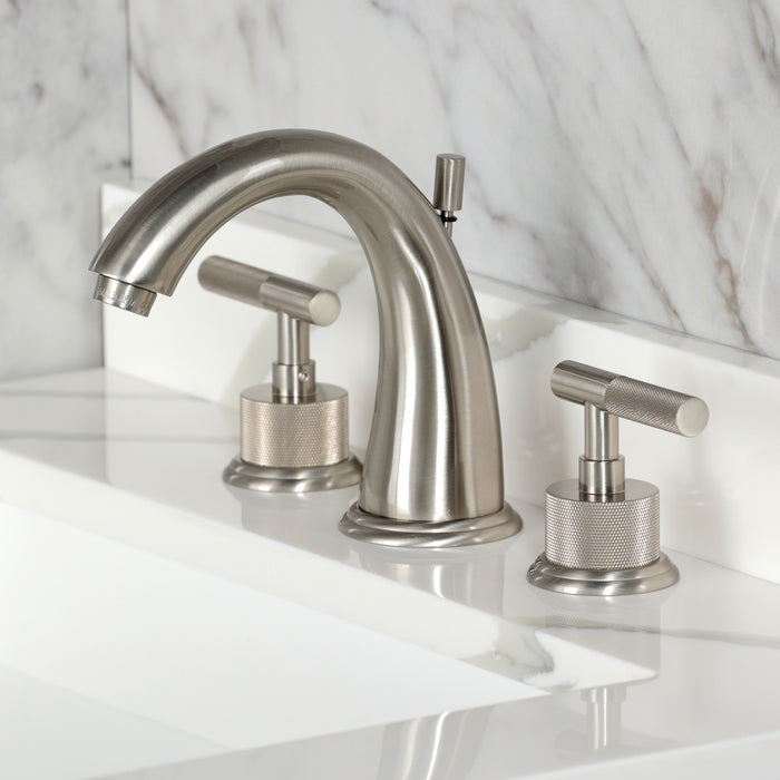 Kingston Tulare KS2968KNL - Convergent Two-Handle 3-Hole Deck Mount Widespread Bathroom Faucet with Knurled Handle and Brass Pop-Up, Brushed Nickel