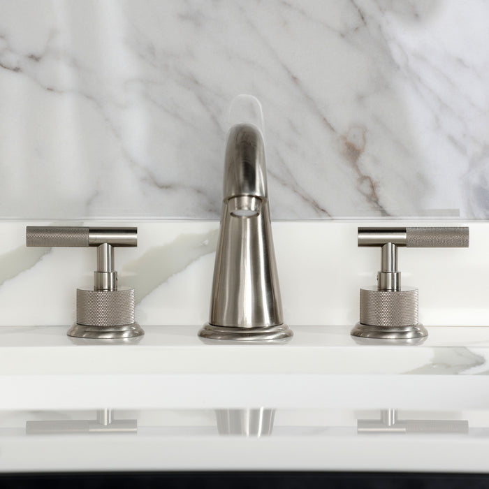 Kingston Tulare KS2968KNL - Convergent Two-Handle 3-Hole Deck Mount Widespread Bathroom Faucet with Knurled Handle and Brass Pop-Up, Brushed Nickel