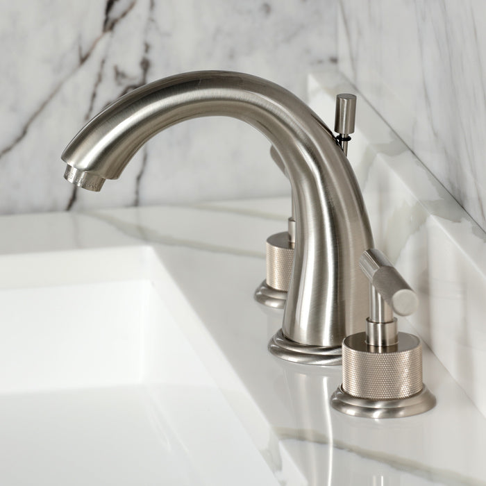 Kingston Tulare KS2968KNL - Convergent Two-Handle 3-Hole Deck Mount Widespread Bathroom Faucet with Knurled Handle and Brass Pop-Up, Brushed Nickel