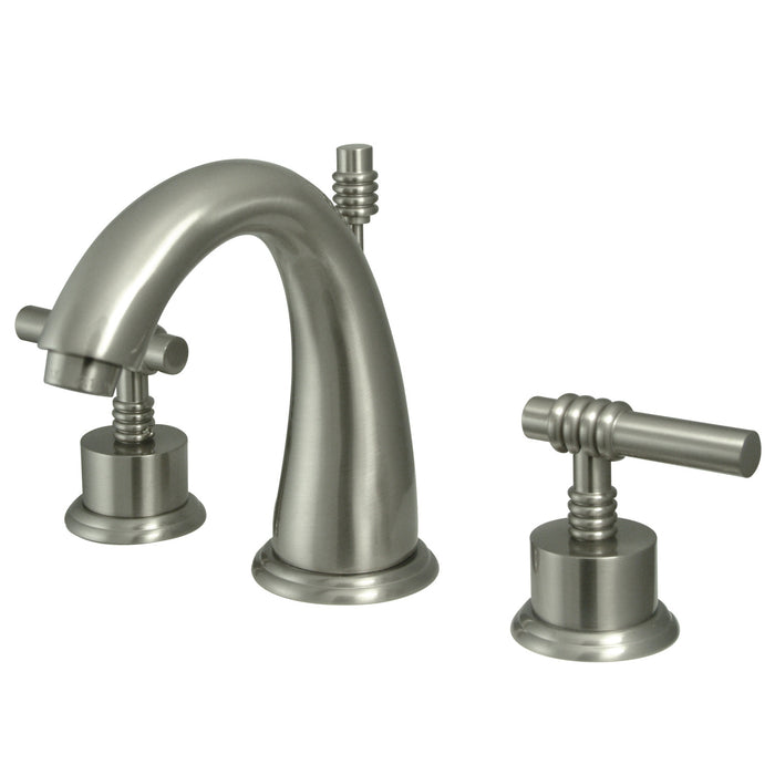 Kingston Tulare KS2968ML - Milano Two-Handle 3-Hole Deck Mount Widespread Bathroom Faucet with Brass Pop-Up, Brushed Nickel