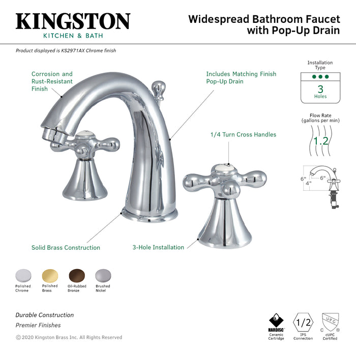 Kingston Tulare KS2971AX - Naples Two-Handle 3-Hole Deck Mount Widespread Bathroom Faucet with Brass Pop-Up, Polished Chrome