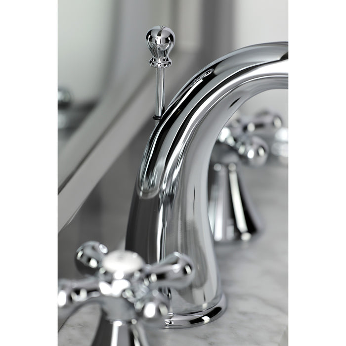 Kingston Tulare KS2971AX - Naples Two-Handle 3-Hole Deck Mount Widespread Bathroom Faucet with Brass Pop-Up, Polished Chrome