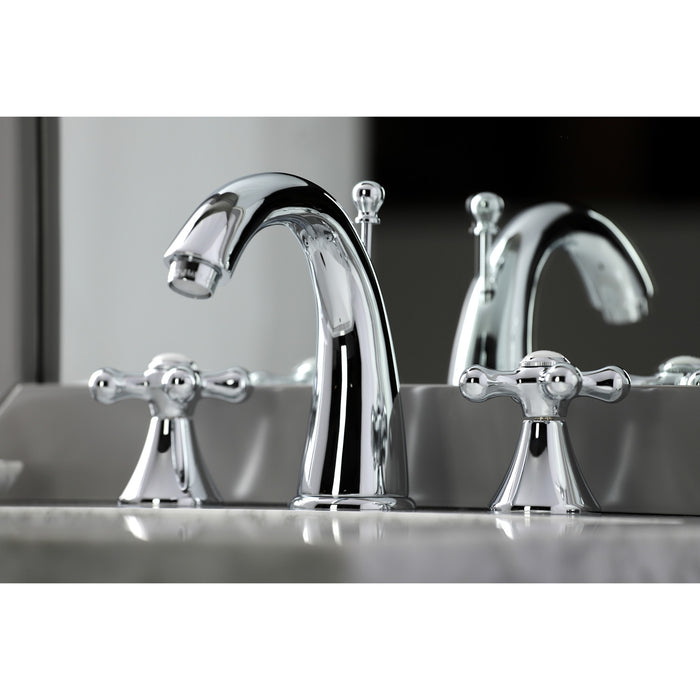 Kingston Tulare KS2971AX - Naples Two-Handle 3-Hole Deck Mount Widespread Bathroom Faucet with Brass Pop-Up, Polished Chrome
