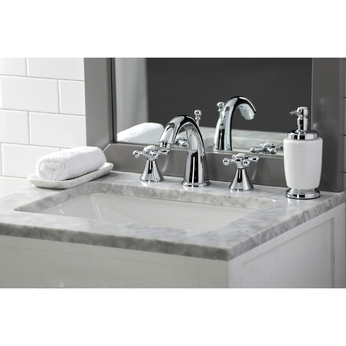 Kingston Tulare KS2971AX - Naples Two-Handle 3-Hole Deck Mount Widespread Bathroom Faucet with Brass Pop-Up, Polished Chrome