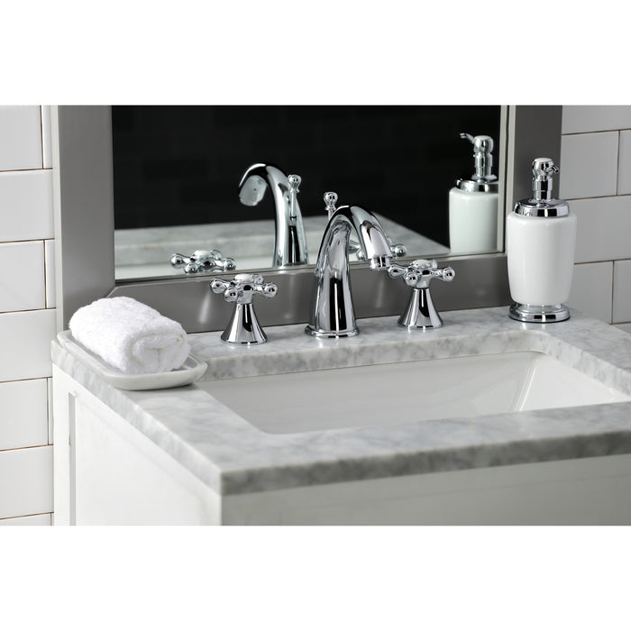 Kingston Tulare KS2971AX - Naples Two-Handle 3-Hole Deck Mount Widespread Bathroom Faucet with Brass Pop-Up, Polished Chrome