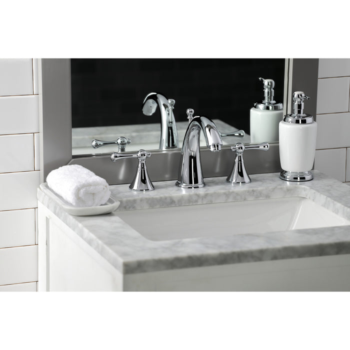 Kingston Tulare KS2971BL - English Country Two-Handle 3-Hole Deck Mount Widespread Bathroom Faucet with Brass Pop-Up, Polished Chrome