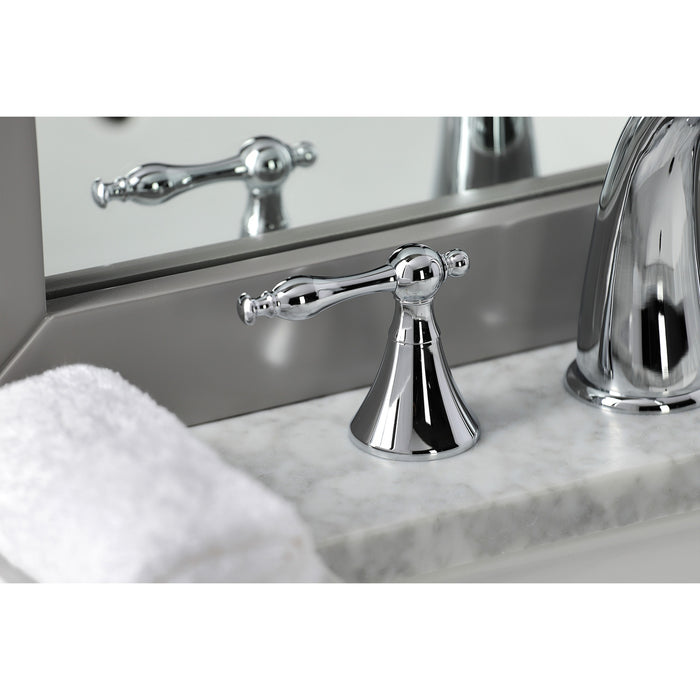 Kingston Tulare KS2971NL - Naples Two-Handle 3-Hole Deck Mount Widespread Bathroom Faucet with Brass Pop-Up, Polished Chrome